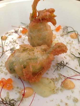 Spanner crab zucchini flowers, chilli aioli, fennel from Kazuki's, Daylesford