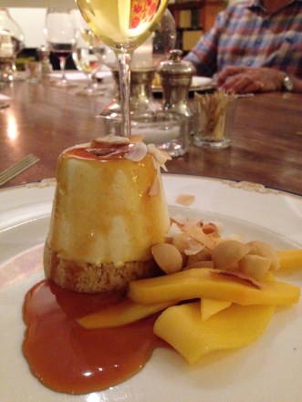 Macadamia shortbreads and coconut semi freddo with mango and toffee syrup