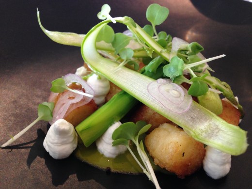 Pan fried Parisienne potato gnocchi, asparagus and goats curd