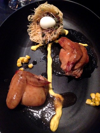 Bebe Bebe Bebe stuffed spatchock w lemon thyme in potato basket, quail egg, corn puree