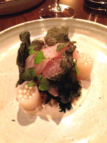 Smoked kingfish sashimi, chargrilled octopus, dashi pearls, daikon and yuzu