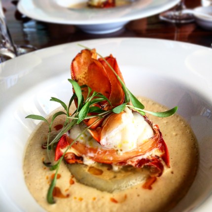 Lobster medallion with blue swimmer crab and prawn ravioli and lobster bisque