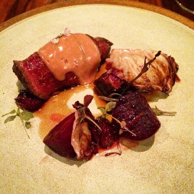 Waguy rib, fermented cherries, beetroot, radicchio, red wine hollandaise