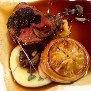 Fillet of Angus beef, truffle & oxtail pithivier with scorched shallots (with sides of roasted potatoes with truffle salt)