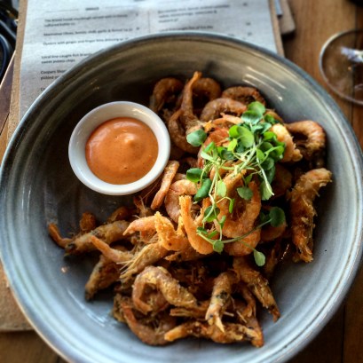 Clarence River school prawns, kimchi mayo, chilli and lime