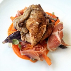 Heirloom carrots, five spiced quail, jamon, ginger caramel