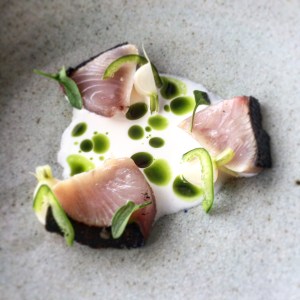 Bonito, macadamia milk, parsley oil, Japanese turnip, jalapeno from Lumi Bar and Dining
