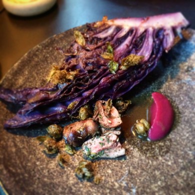 Duck hearts, red cabbage, capers, za’atar