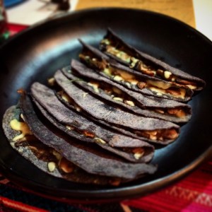 Quesadillas de hongos - blue corn tortilla with cheese and mushrooms