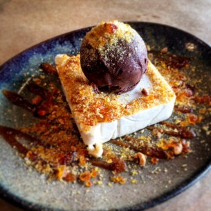 Peanut butter parfait, chocolate sorbet, butterscotch, praline