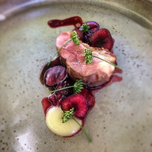 Hutton Vale duck, summer berries, cherries, parsnip